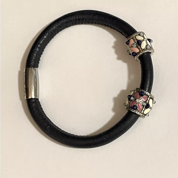 Brighton NAVY BLUE  Woodstock Leather Bracelet+ 2 Enamel Floral Beads/spacers - Picture 3 of 4